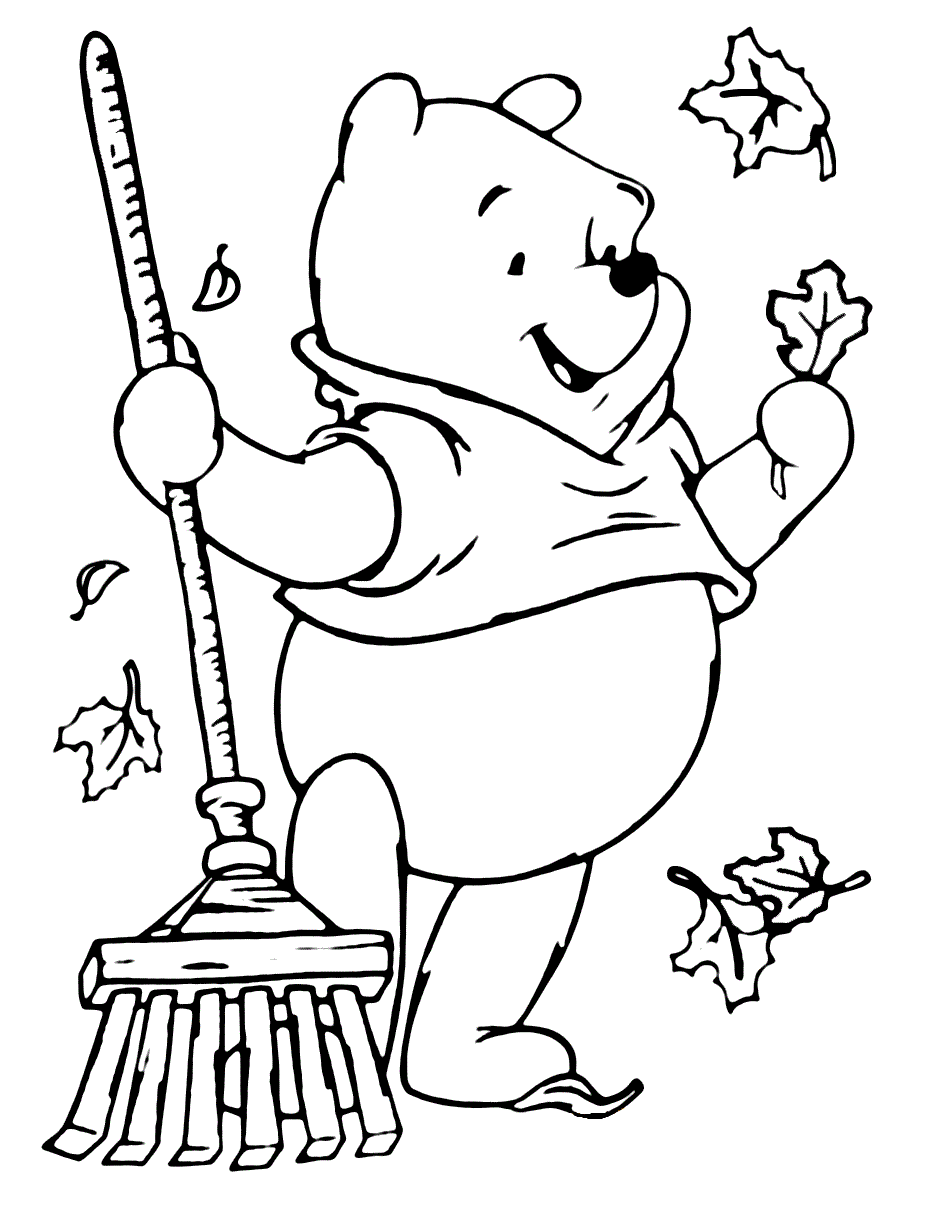 Kolorowanka Kubuś Puchatek zbiera liście